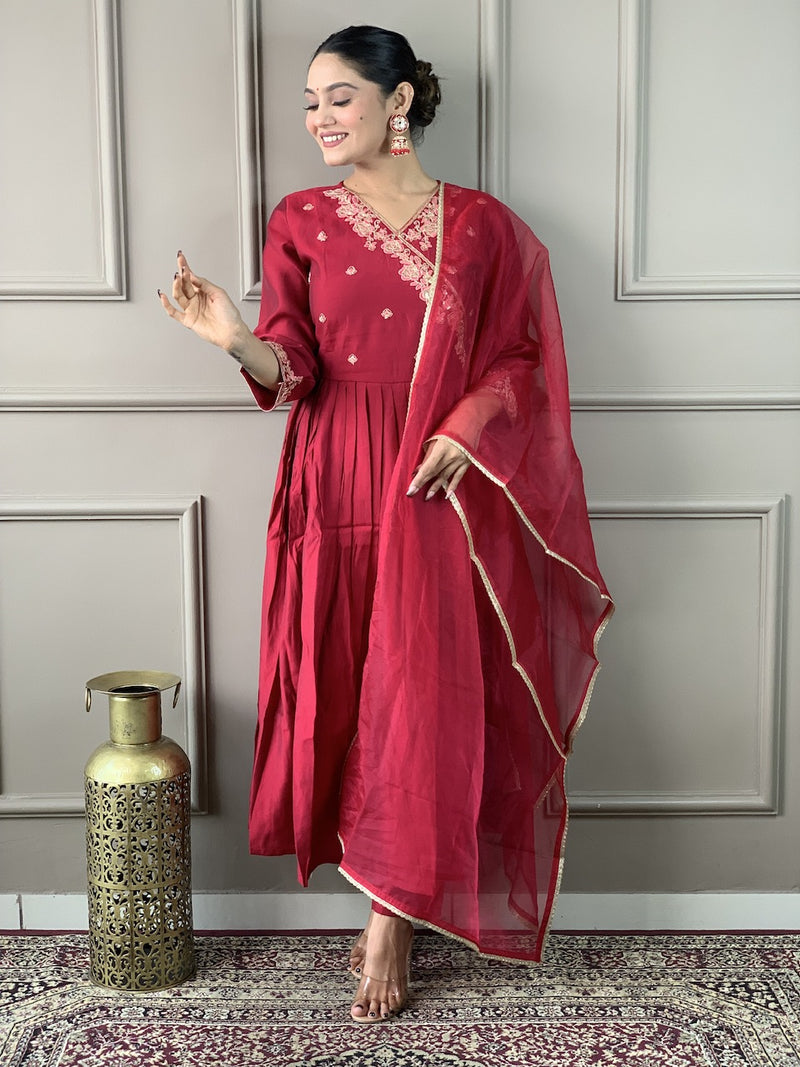 Red and Yellow Viscose Chanderi Kurta Set