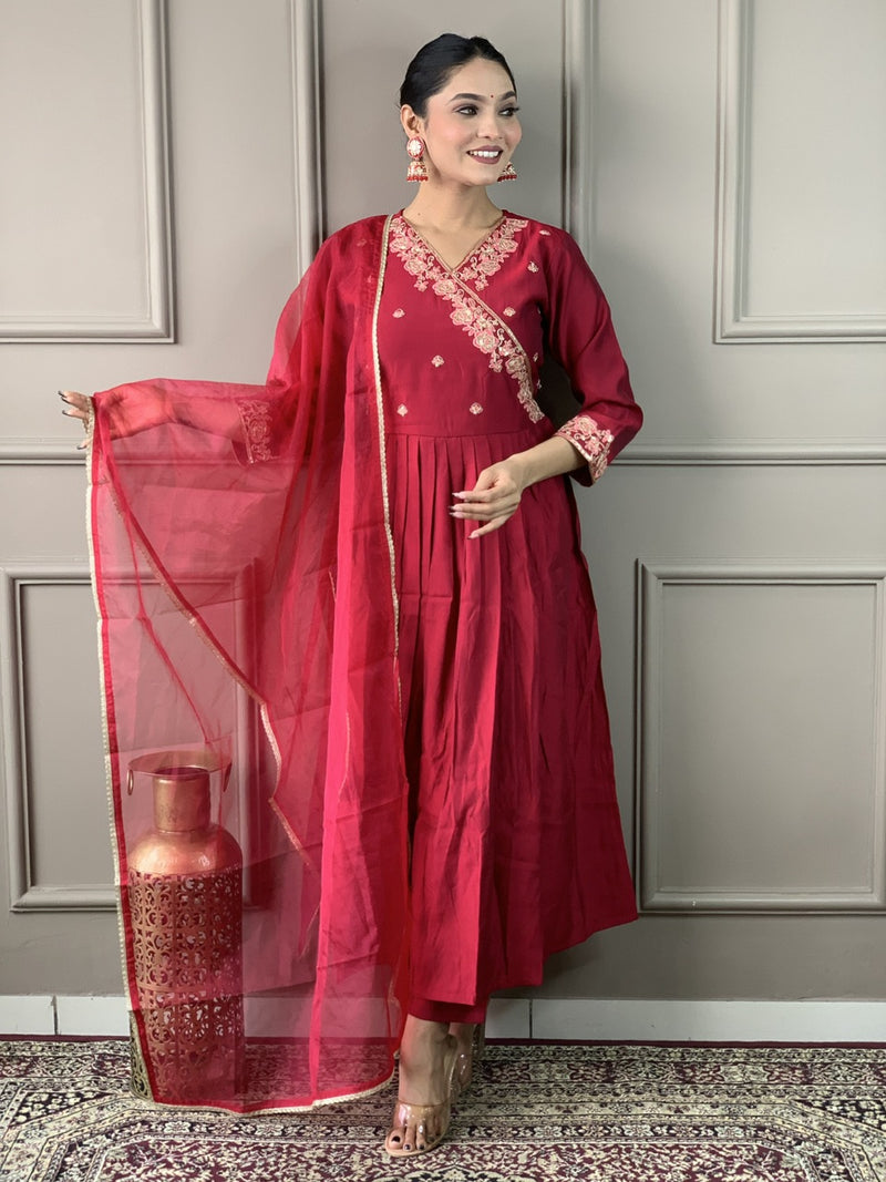 Red and Yellow Viscose Chanderi Kurta Set