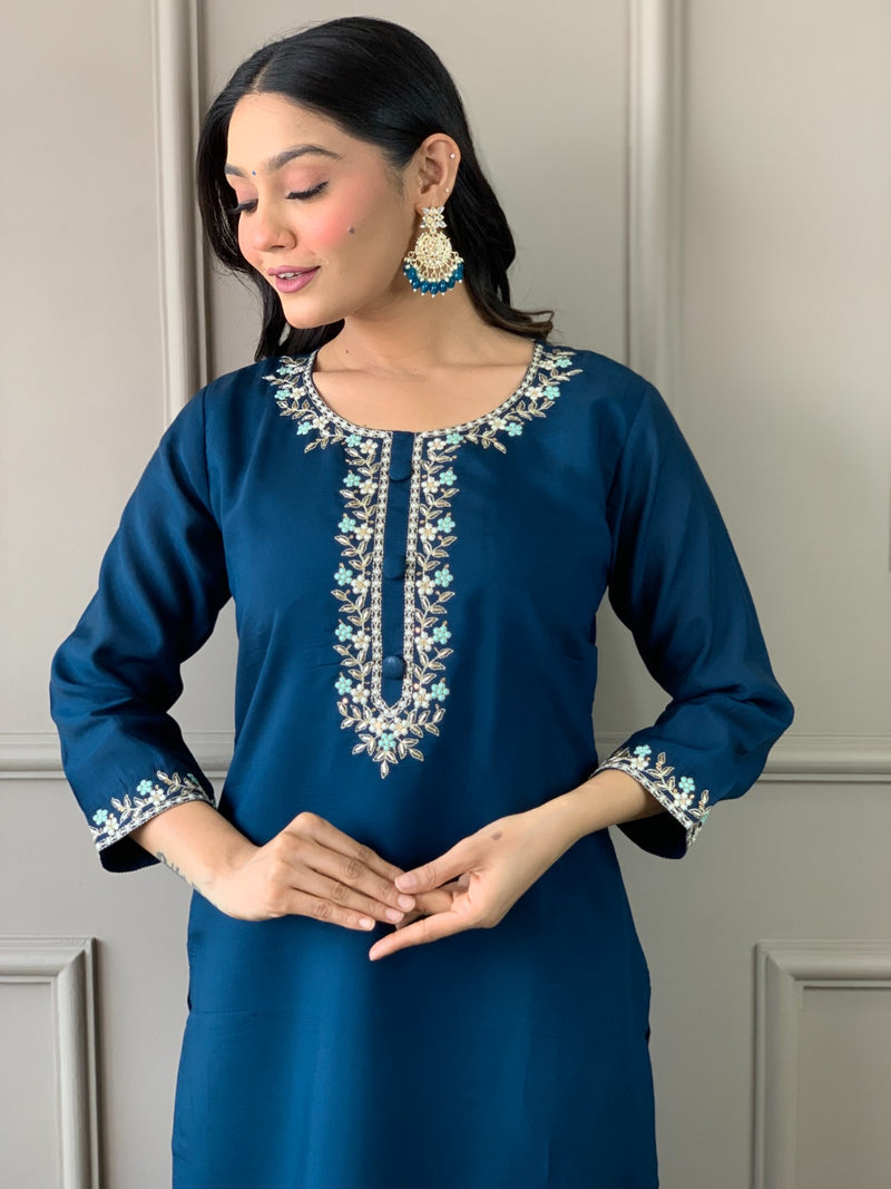 Wine & Blue Viscose Chanderi Embroidered Straight Kurta Sets