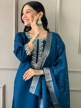 Wine & Blue Viscose Chanderi Embroidered Straight Kurta Sets