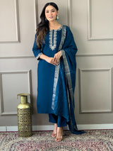 Wine & Blue Viscose Chanderi Embroidered Straight Kurta Sets