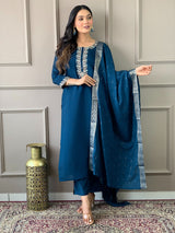 Wine & Blue Viscose Chanderi Embroidered Straight Kurta Sets