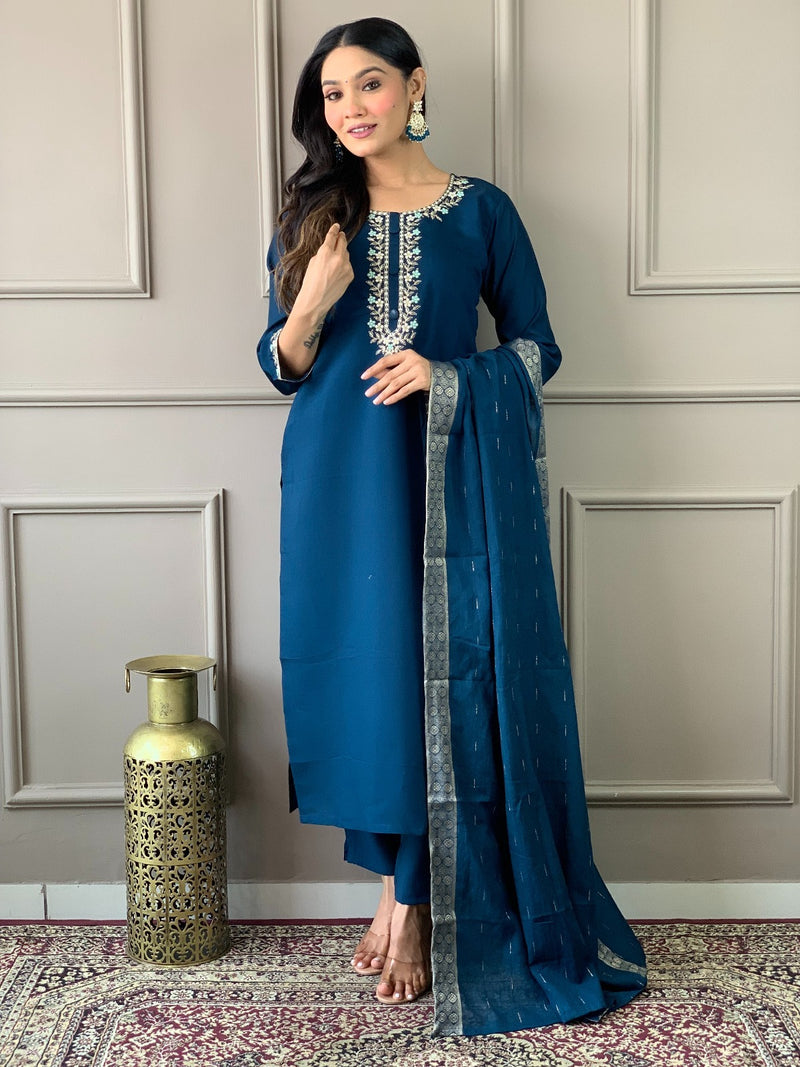 Wine & Blue Viscose Chanderi Embroidered Straight Kurta Sets