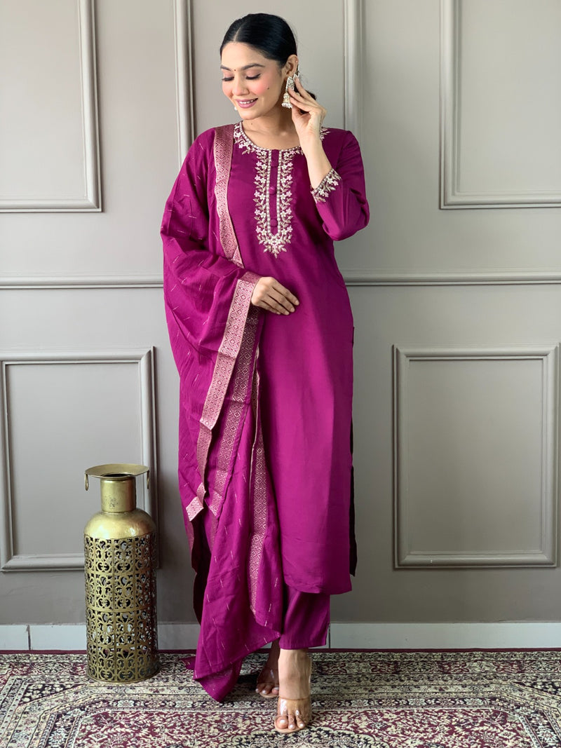 Wine & Blue Viscose Chanderi Embroidered Straight Kurta Sets