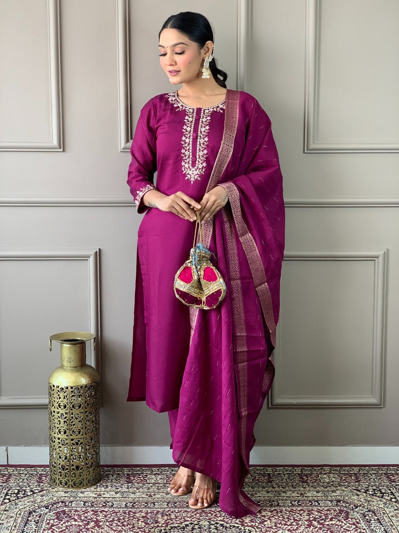 Wine & Blue Viscose Chanderi Embroidered Straight Kurta Sets