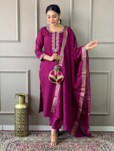 Wine & Blue Viscose Chanderi Embroidered Straight Kurta Sets