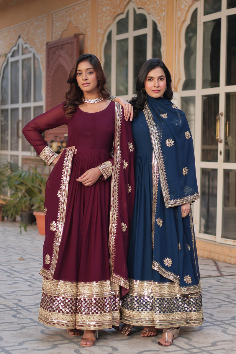 Faux blooming exquisite Embroidery, Zari, and Sequins Work Gown