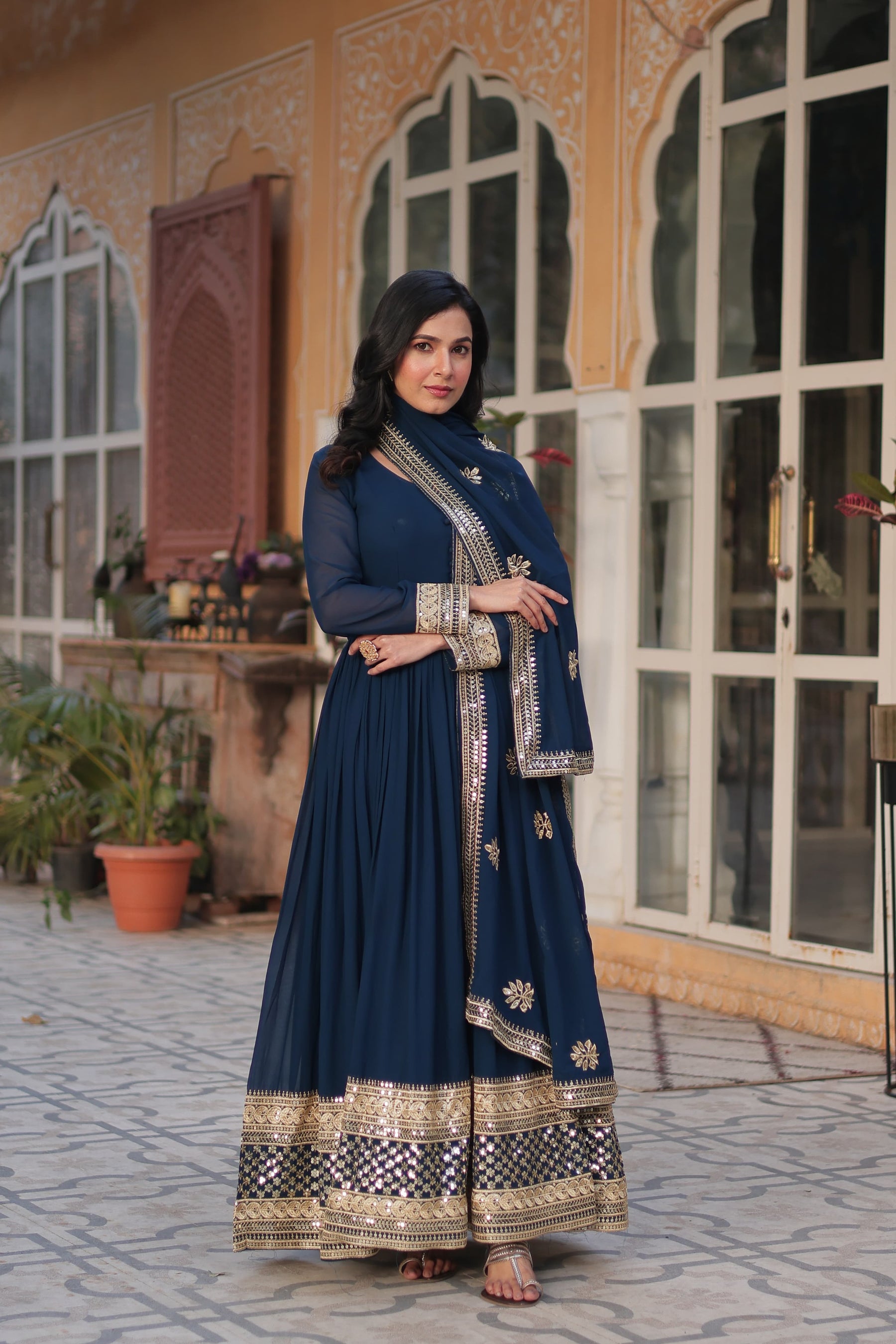 Faux blooming exquisite Embroidery, Zari, and Sequins Work Gown