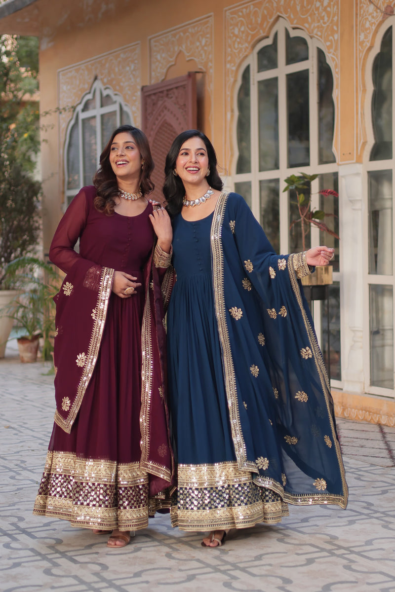 Faux blooming exquisite Embroidery, Zari, and Sequins Work Gown