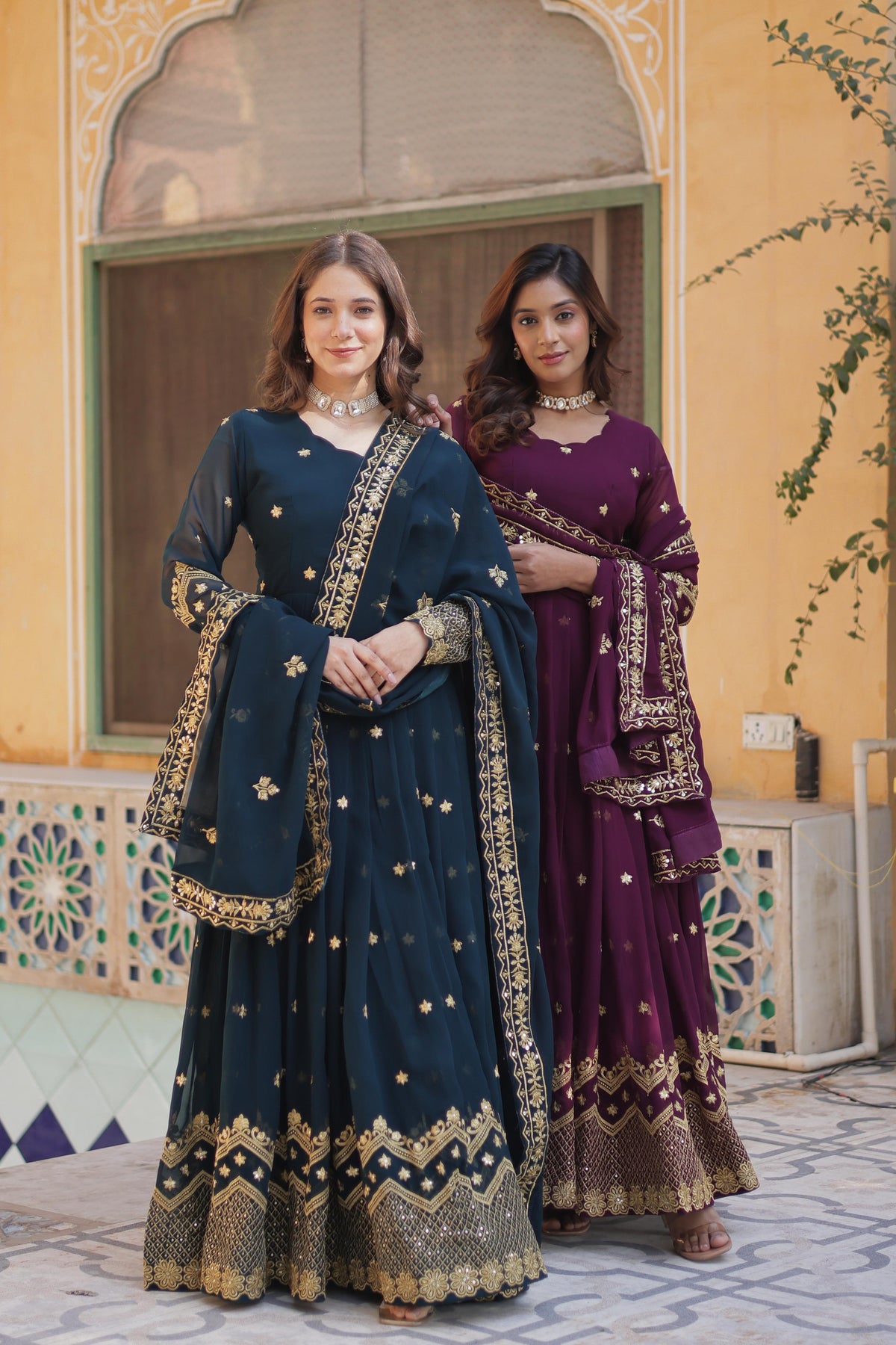 Teel Blue , Wine colour Faux Blooming Georgette with Zari & Sequins Embroidery Anarkali Gown