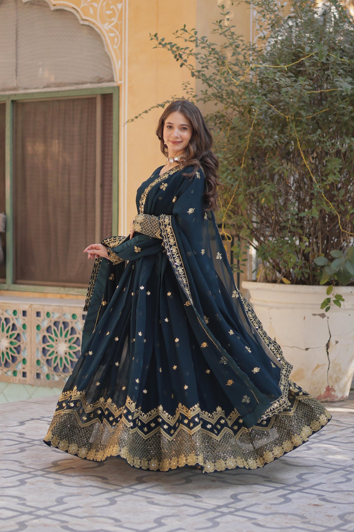 Teel Blue , Wine colour Faux Blooming Georgette with Zari & Sequins Embroidery Anarkali Gown