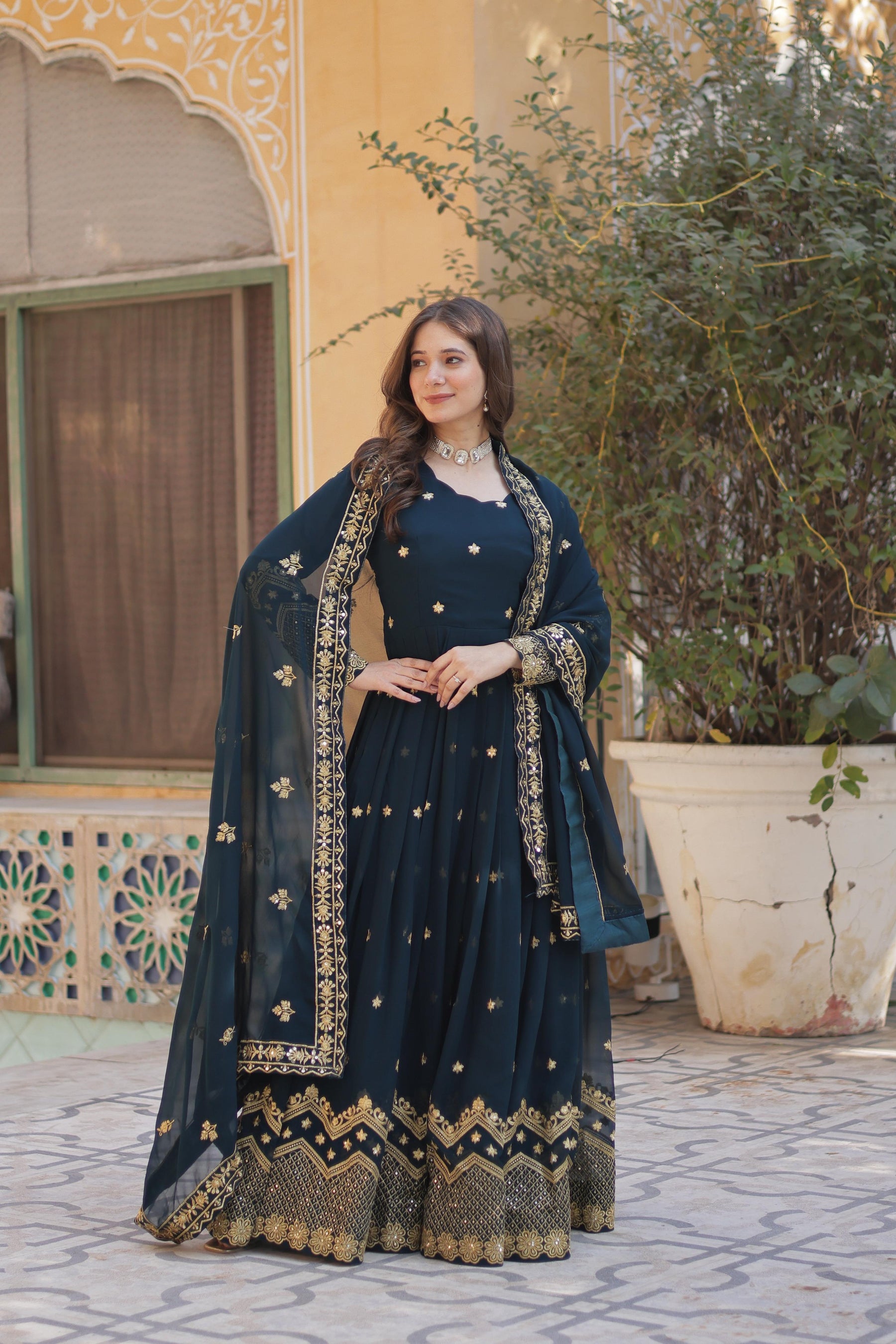 Teel Blue , Wine colour Faux Blooming Georgette with Zari & Sequins Embroidery Anarkali Gown