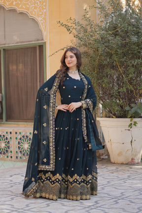 Teel Blue , Wine colour Faux Blooming Georgette with Zari & Sequins Embroidery Anarkali Gown