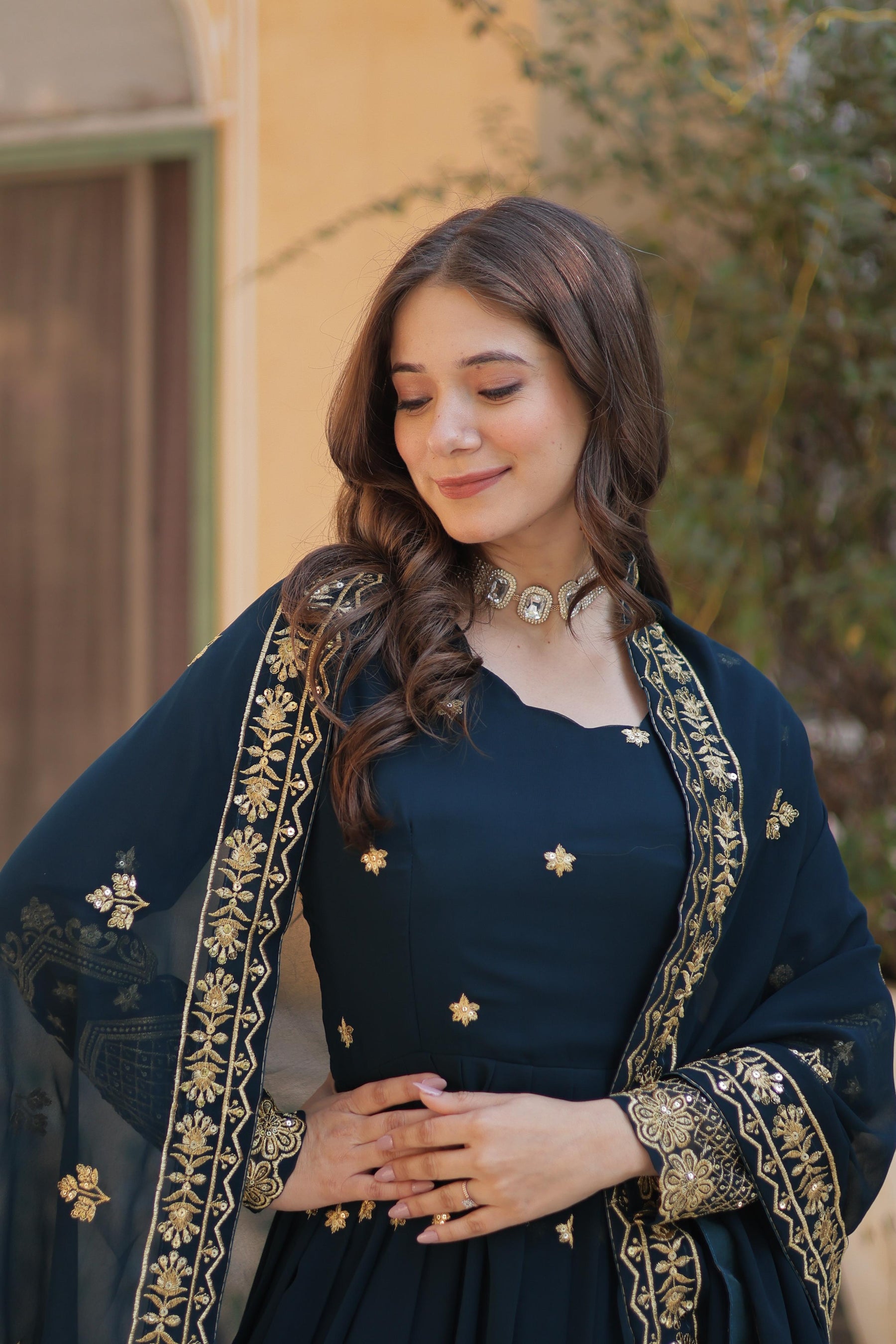 Teel Blue , Wine colour Faux Blooming Georgette with Zari & Sequins Embroidery Anarkali Gown