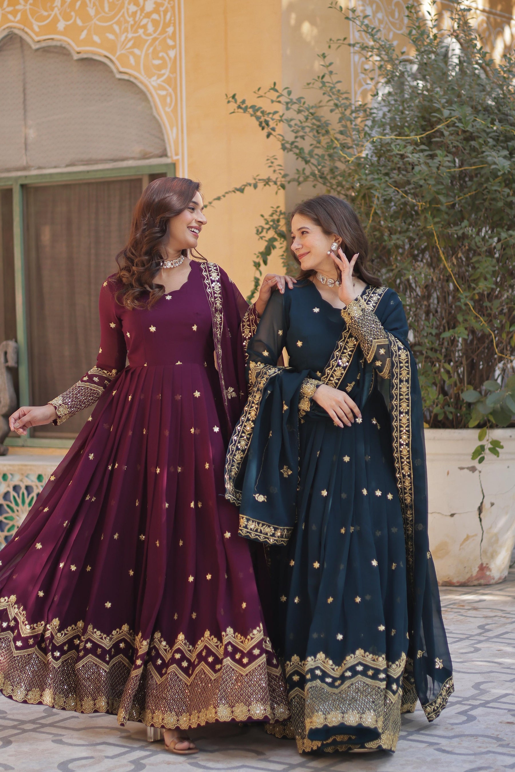 Teel Blue , Wine colour Faux Blooming Georgette with Zari & Sequins Embroidery Anarkali Gown
