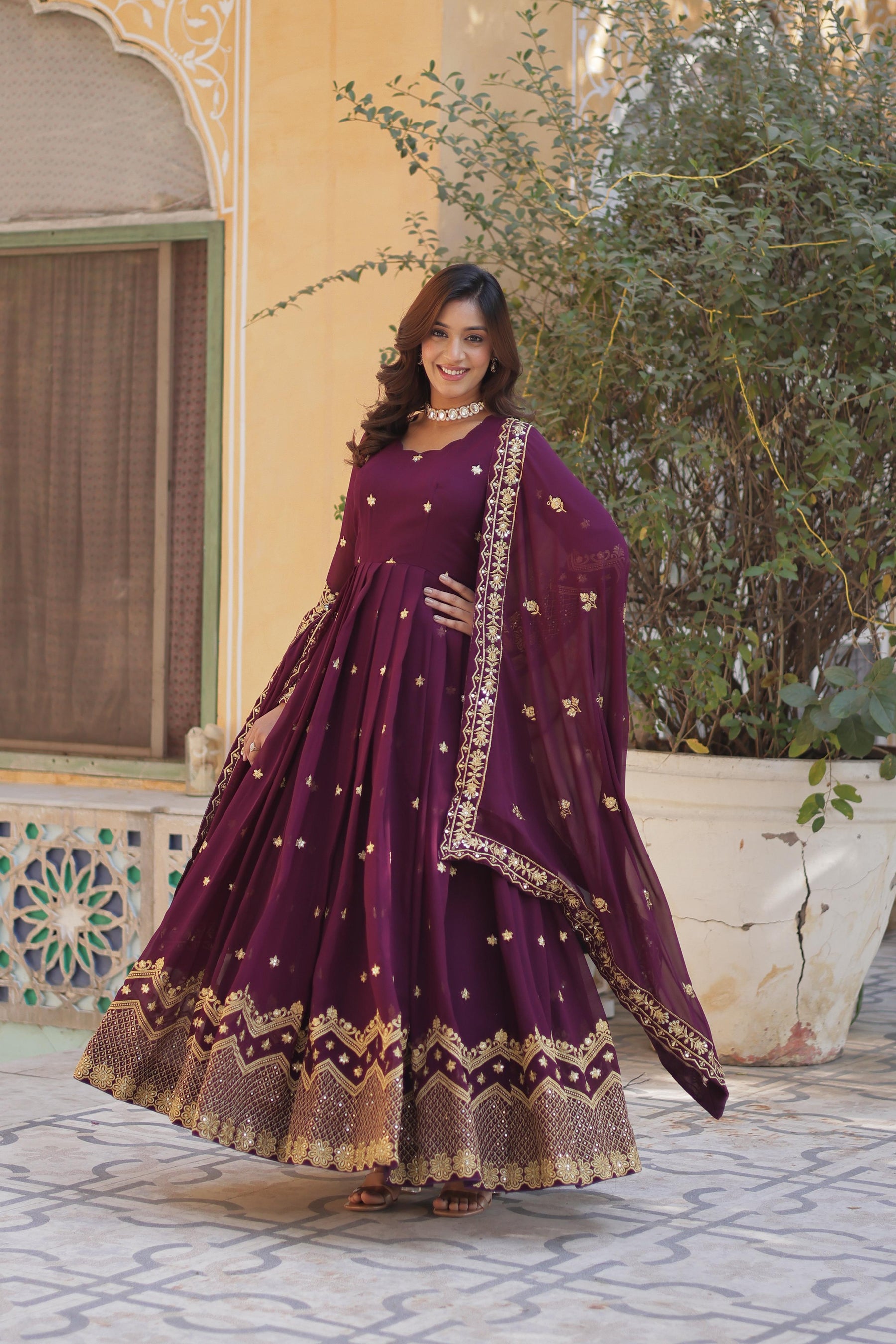 Teel Blue , Wine colour Faux Blooming Georgette with Zari & Sequins Embroidery Anarkali Gown