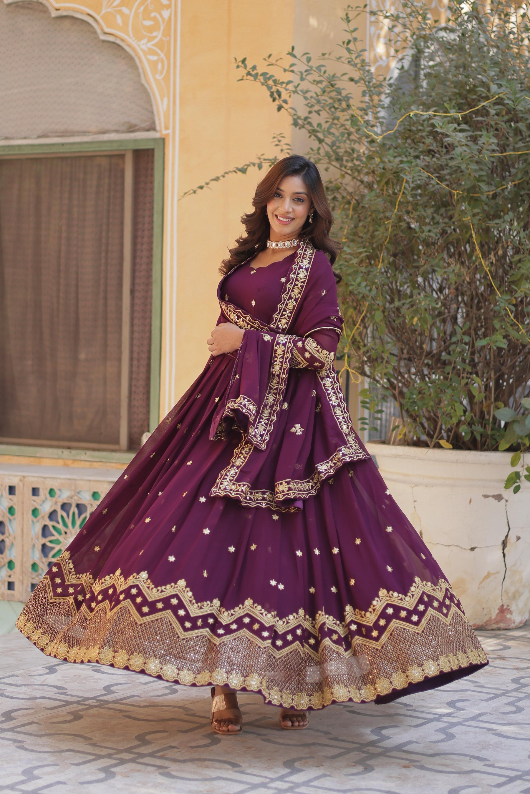 Teel Blue , Wine colour Faux Blooming Georgette with Zari & Sequins Embroidery Anarkali Gown