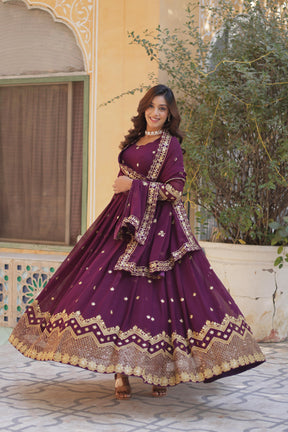 Teel Blue , Wine colour Faux Blooming Georgette with Zari & Sequins Embroidery Anarkali Gown