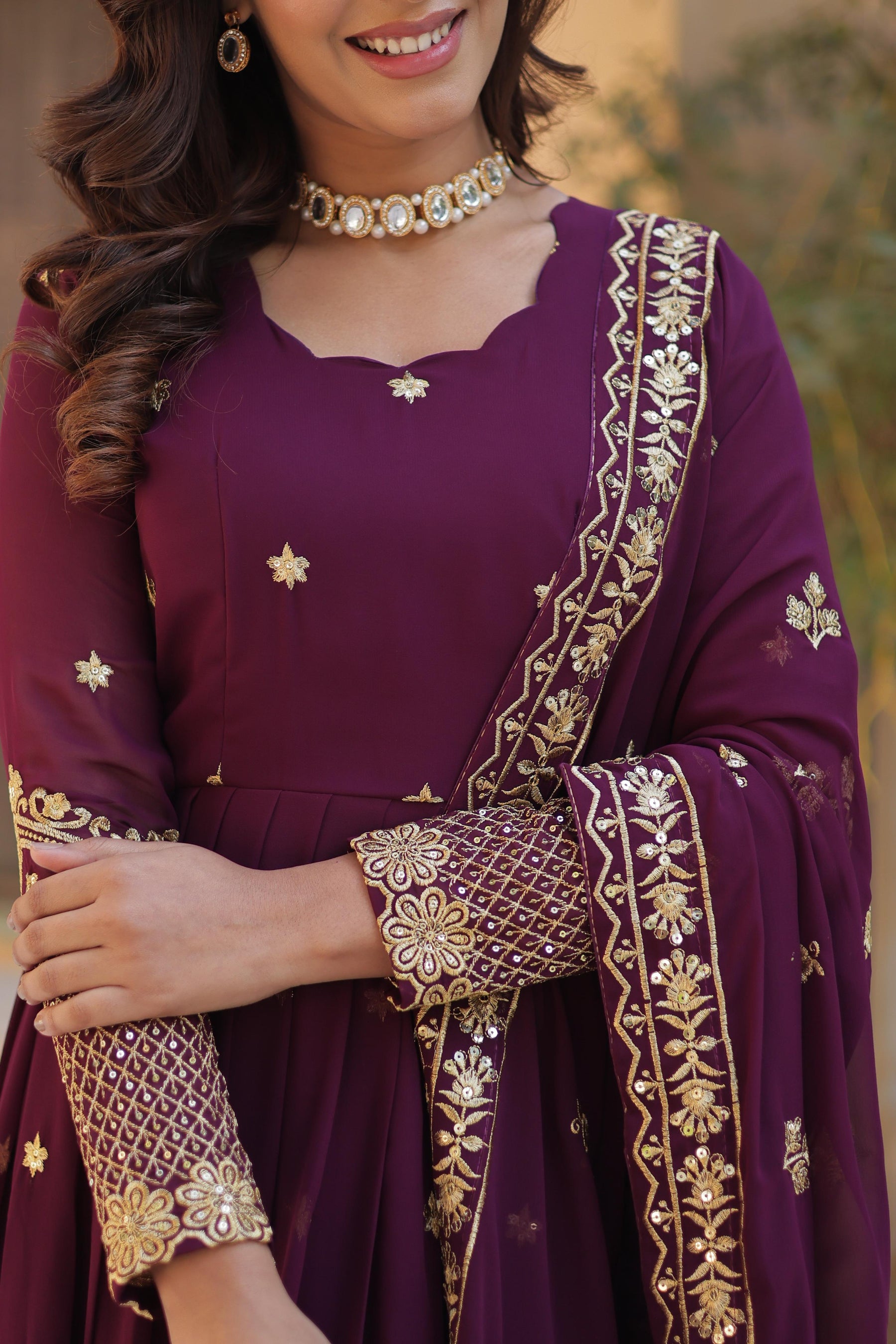 Teel Blue , Wine colour Faux Blooming Georgette with Zari & Sequins Embroidery Anarkali Gown