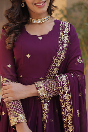 Teel Blue , Wine colour Faux Blooming Georgette with Zari & Sequins Embroidery Anarkali Gown