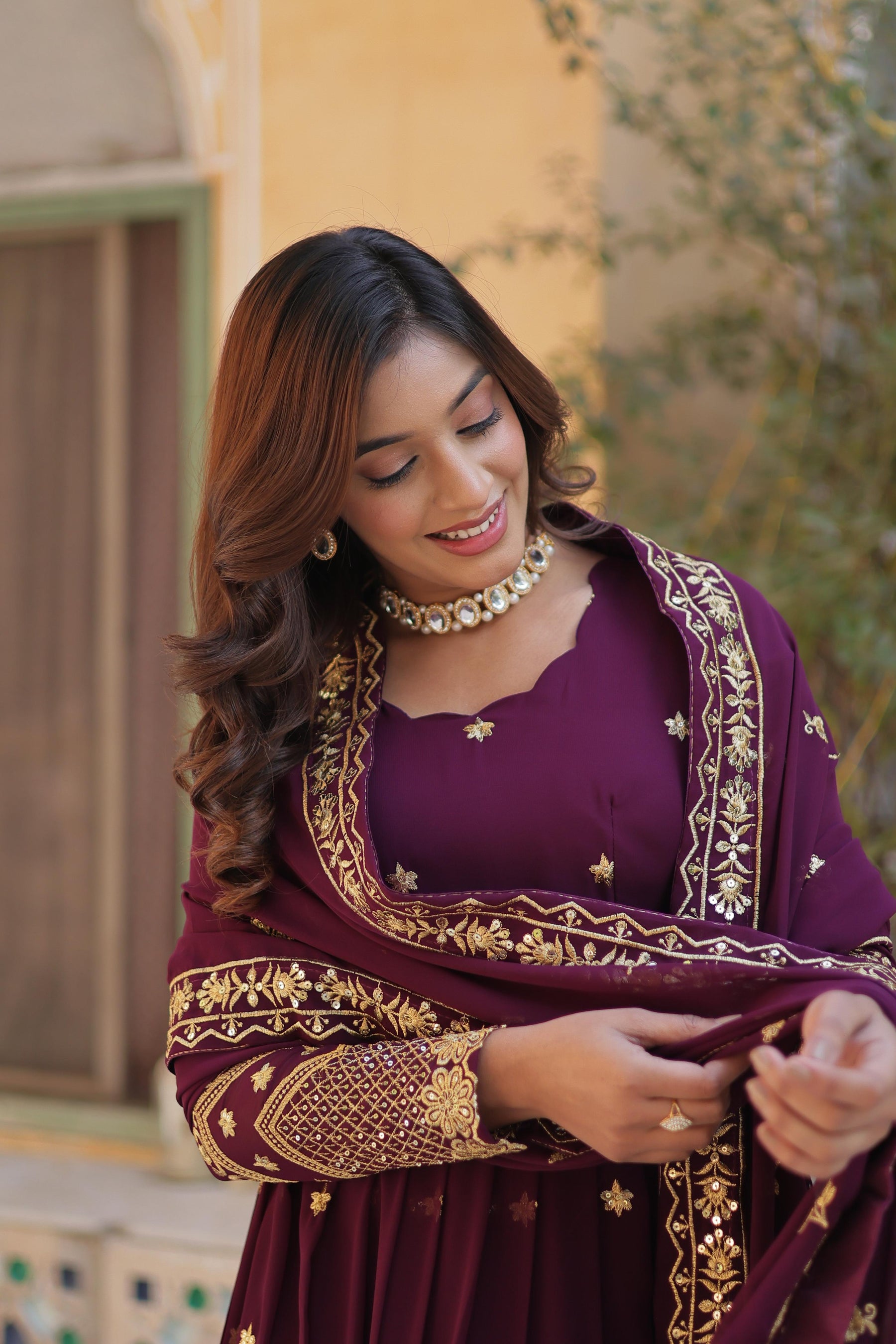 Teel Blue , Wine colour Faux Blooming Georgette with Zari & Sequins Embroidery Anarkali Gown