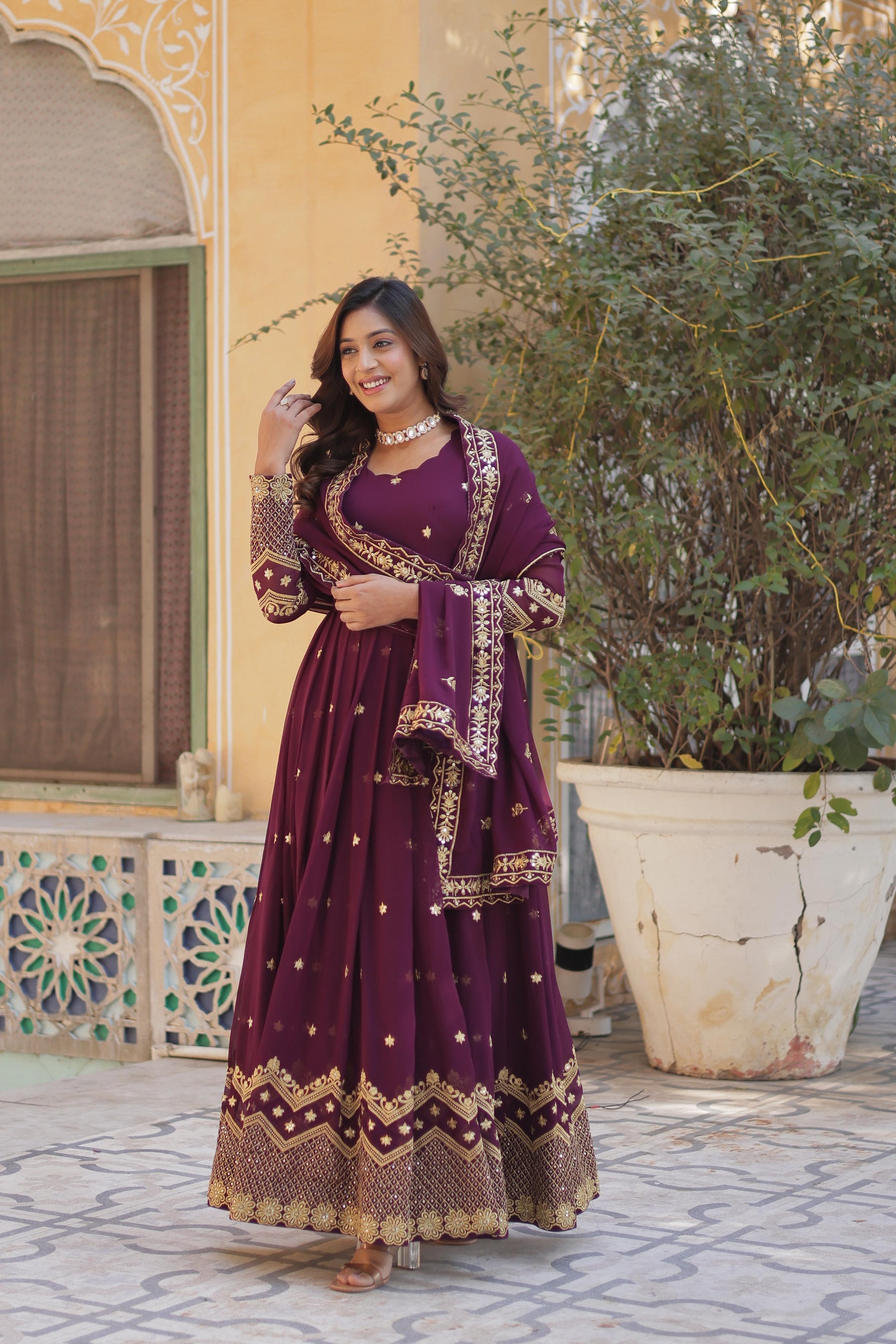 Teel Blue , Wine colour Faux Blooming Georgette with Zari & Sequins Embroidery Anarkali Gown