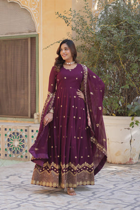 Teel Blue , Wine colour Faux Blooming Georgette with Zari & Sequins Embroidery Anarkali Gown