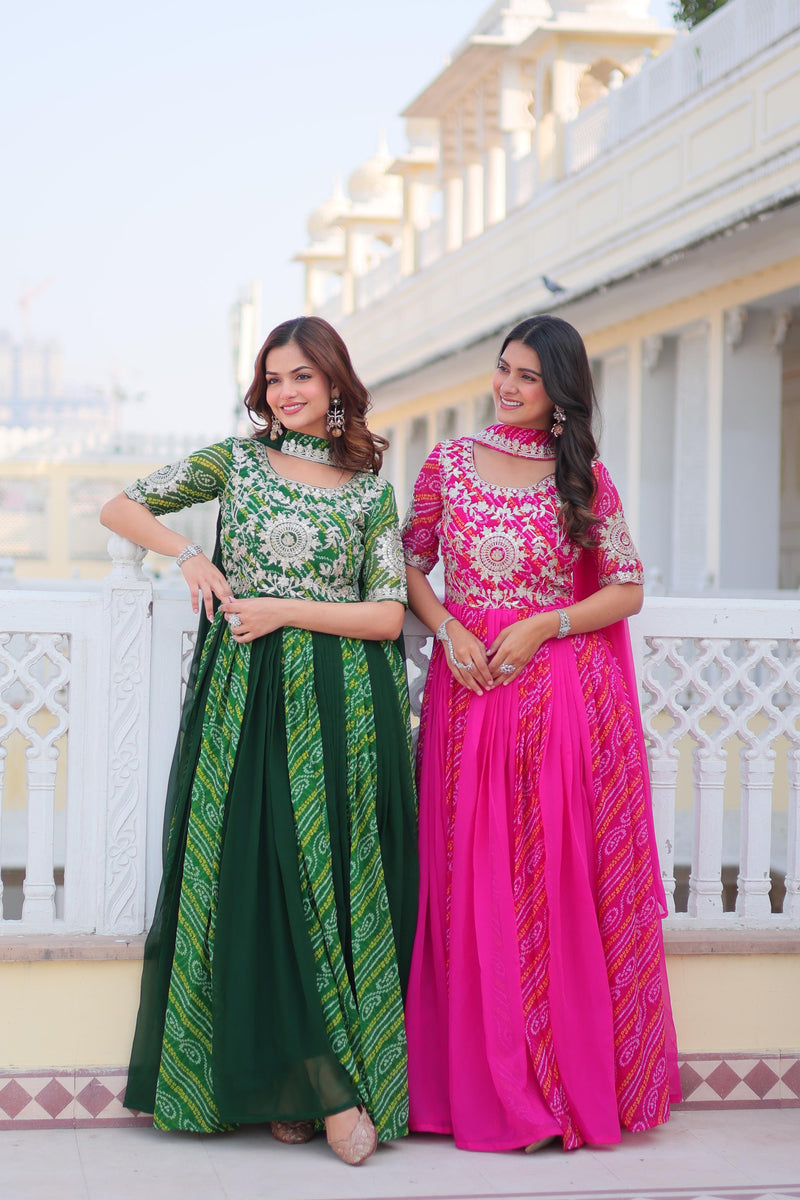 Green & Pink Bandhej Gown with Dupatta Collection