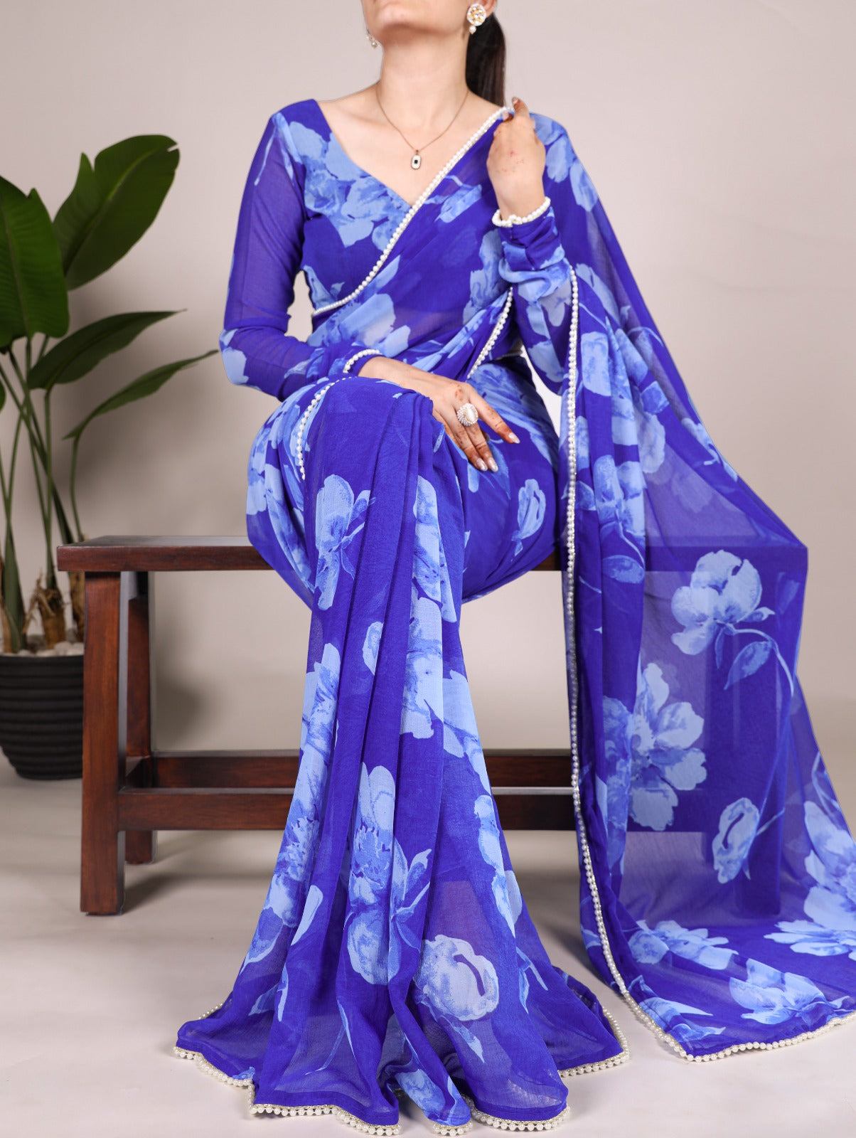Chiffon Floral Prints with Pearl Lace Border Saree