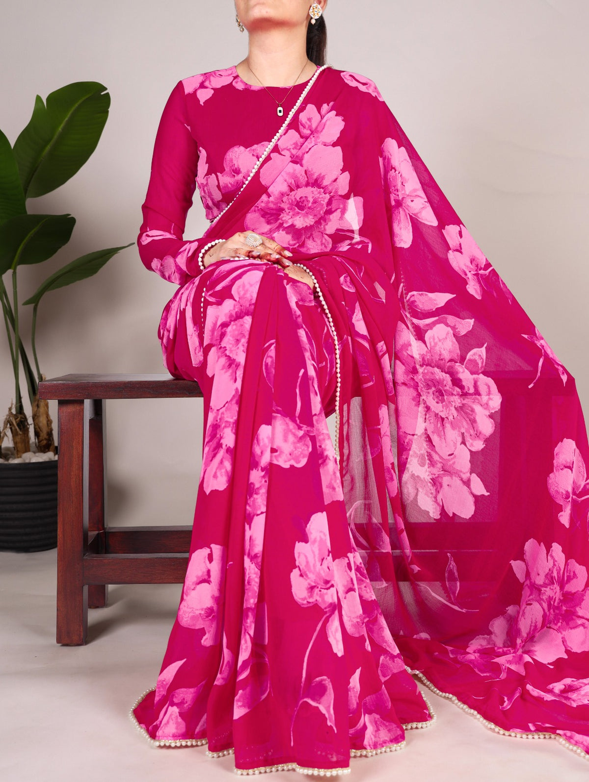 Chiffon Floral Prints with Pearl Lace Border Saree