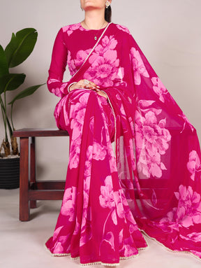 Chiffon Floral Prints with Pearl Lace Border Saree