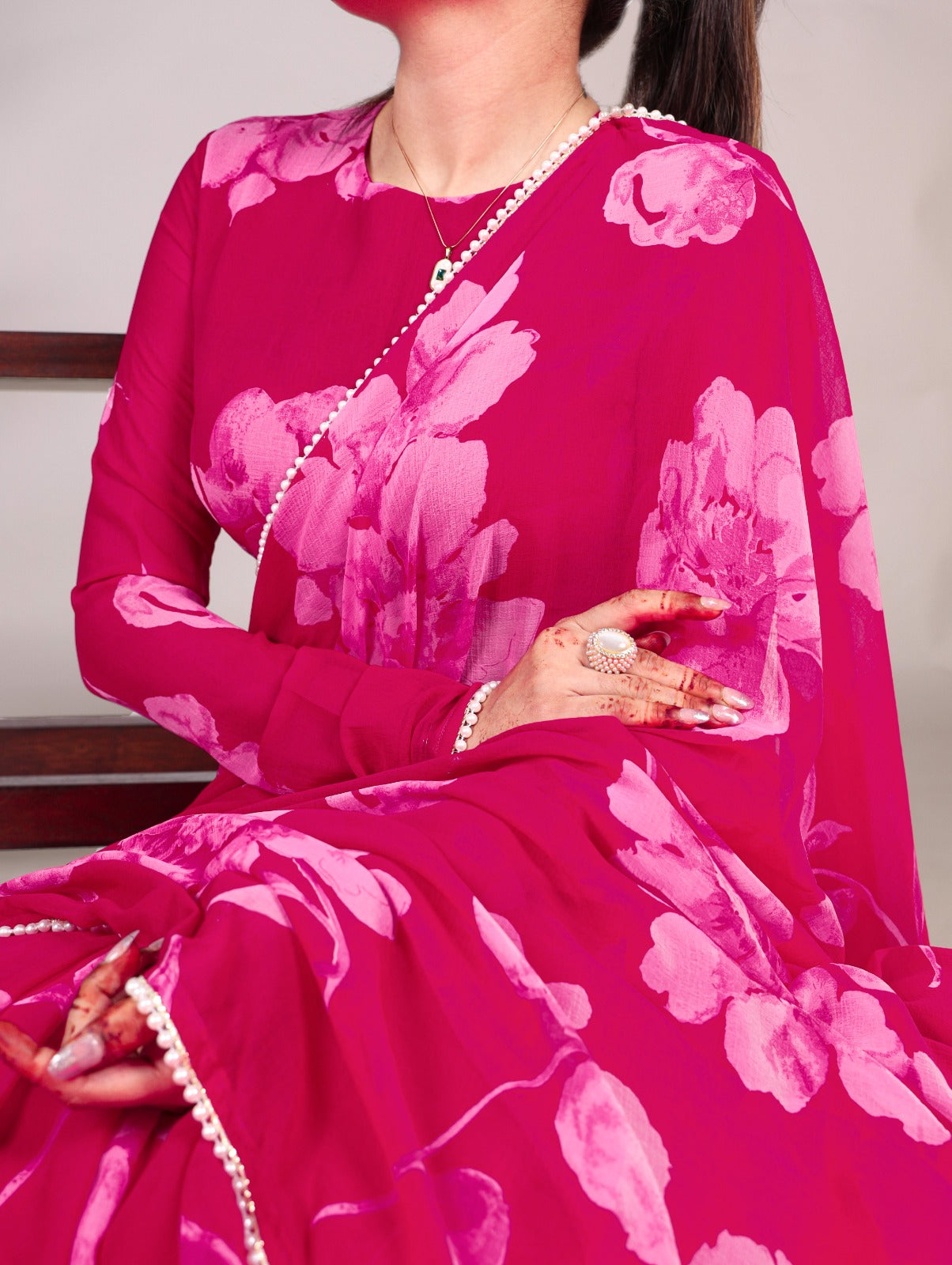 Chiffon Floral Prints with Pearl Lace Border Saree