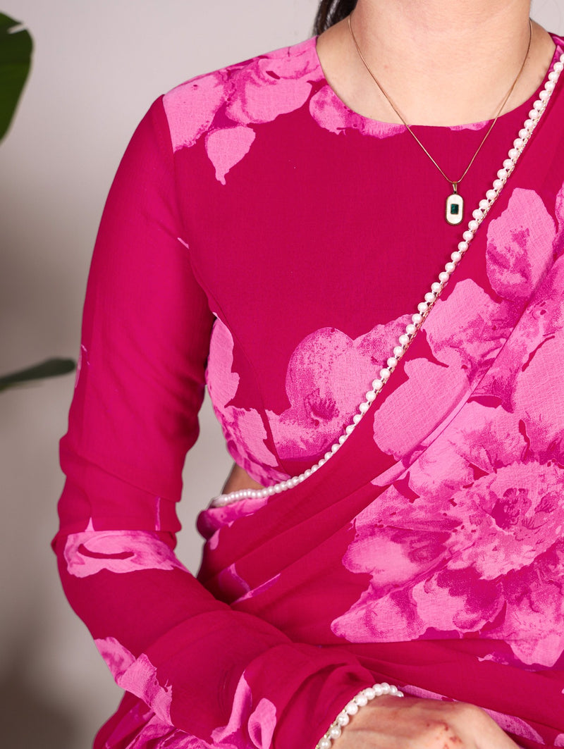Chiffon Floral Prints with Pearl Lace Border Saree