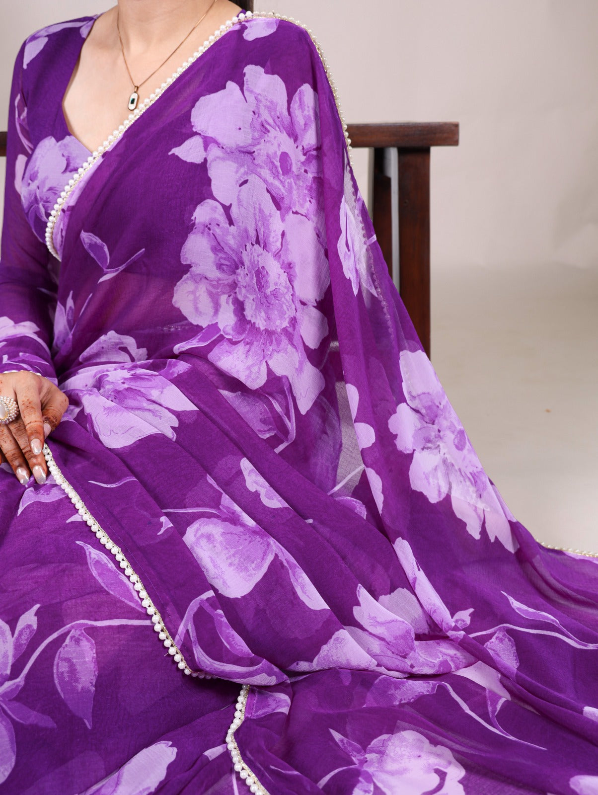 Chiffon Floral Prints with Pearl Lace Border Saree