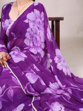 Chiffon Floral Prints with Pearl Lace Border Saree