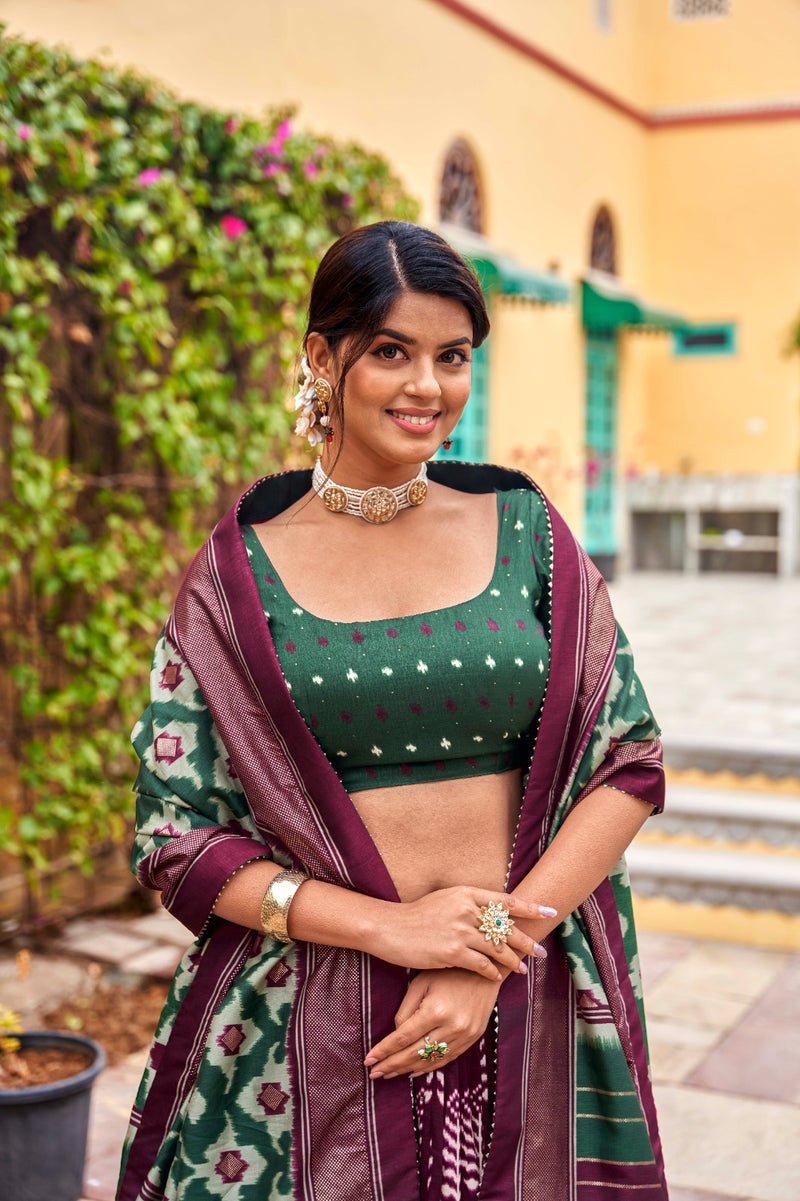 Green & Wine Tussar Silk Lehenga Choli