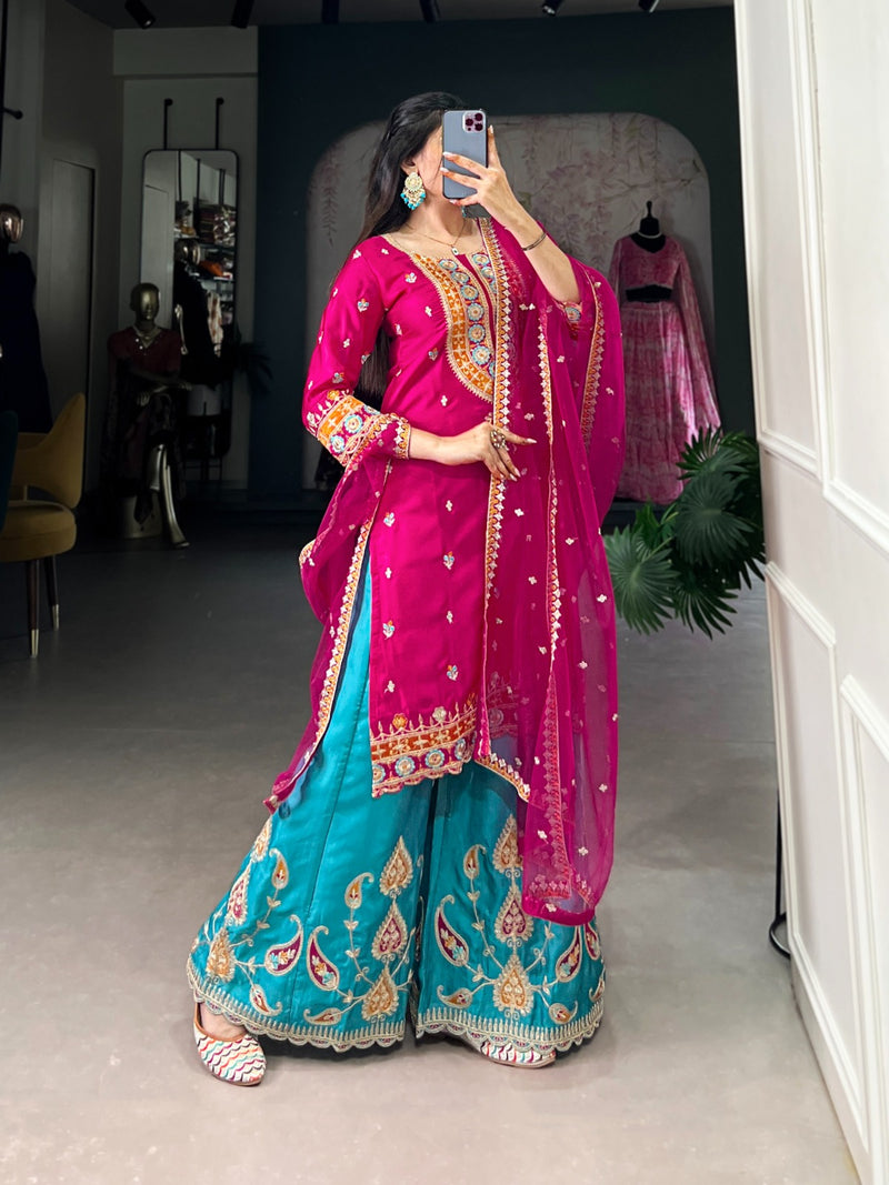 Moonga Silk intricate Sequins and Thread Embroidery Suit Set