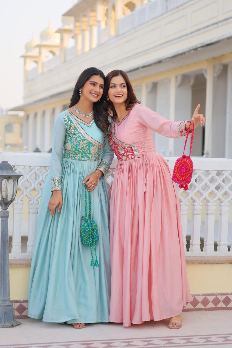 Pure Chinon with Bandhej Gotta Patti Gown