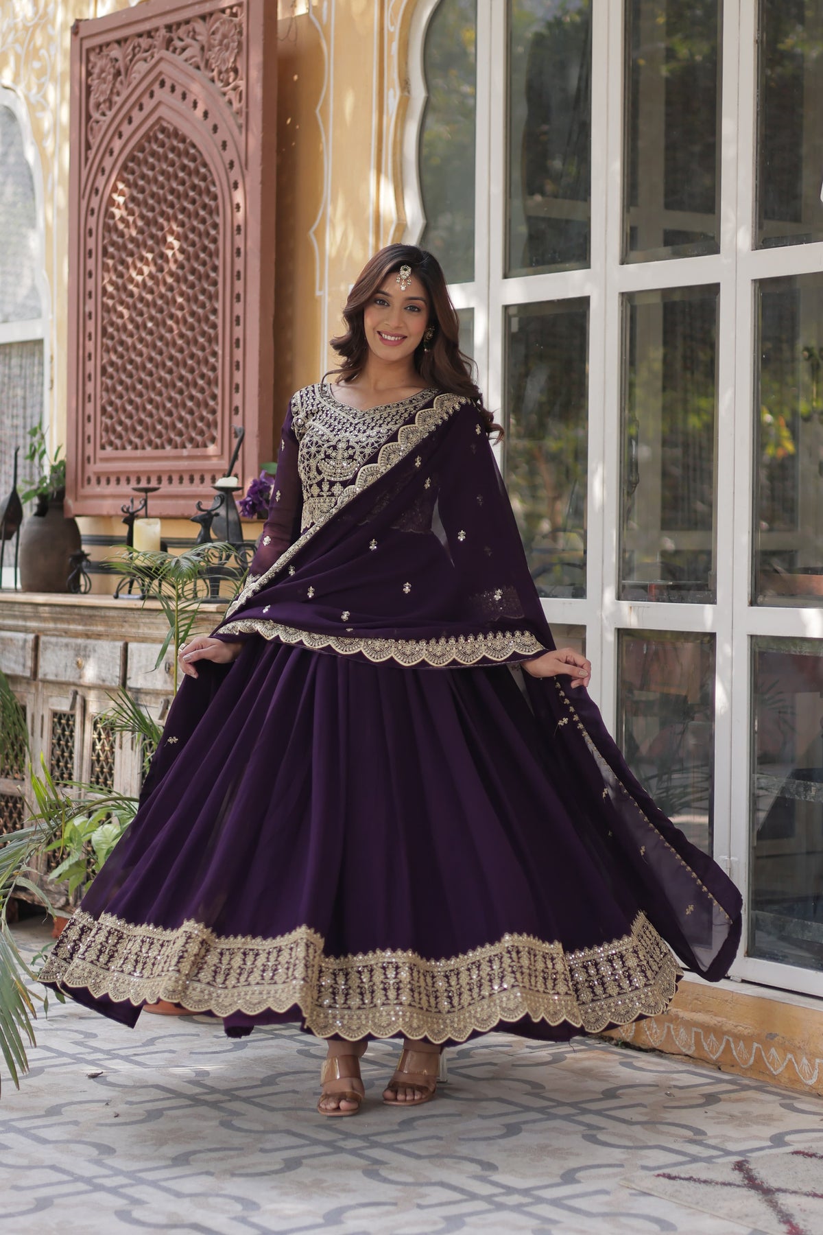 Faux Blooming fabric with Zari and Sequins Embroidery Gown