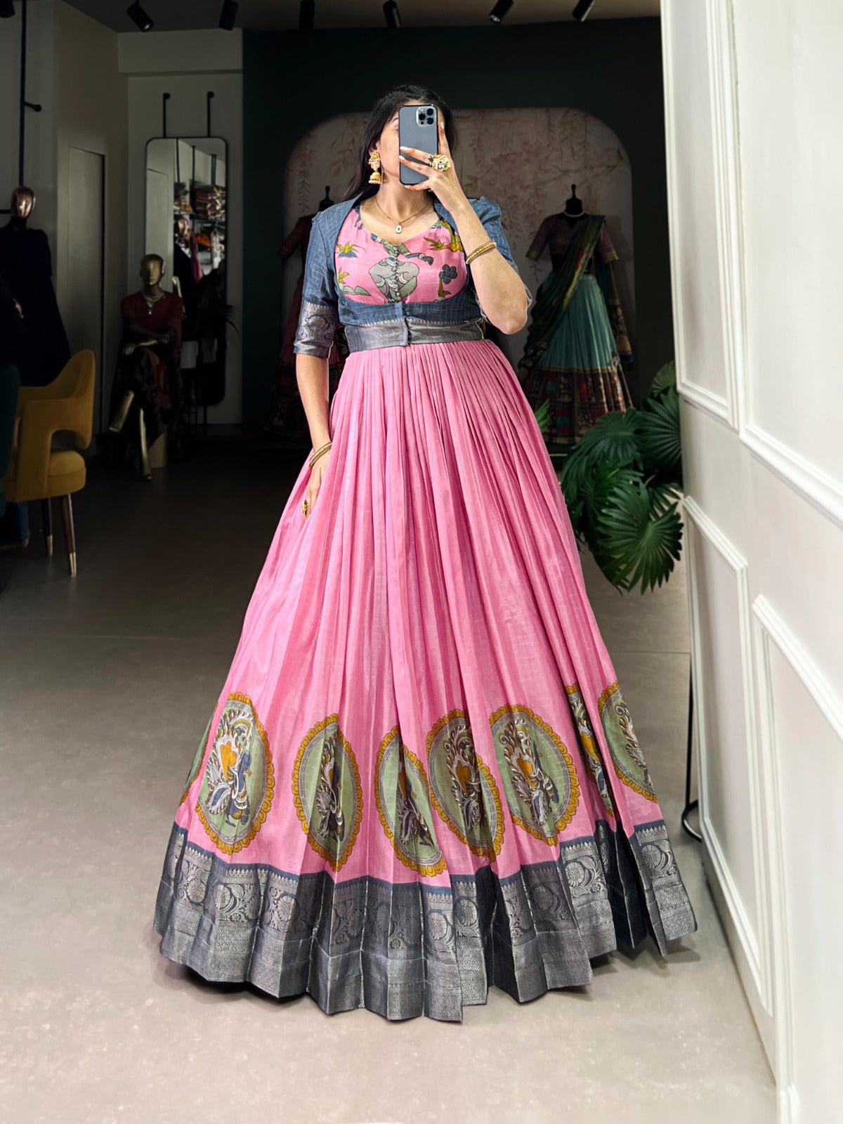 Kalamkari Print Dola Silk Gown with Zari Weaving Koti