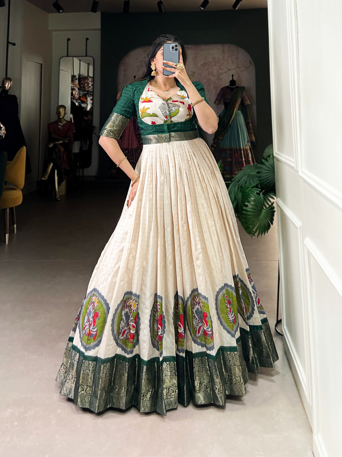 Kalamkari Print Dola Silk Gown with Zari Weaving Koti