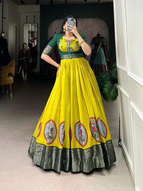 Kalamkari Print Dola Silk Gown with Zari Weaving Koti