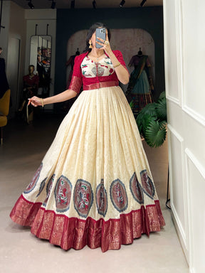 Kalamkari Print Dola Silk Gown with Zari Weaving Koti