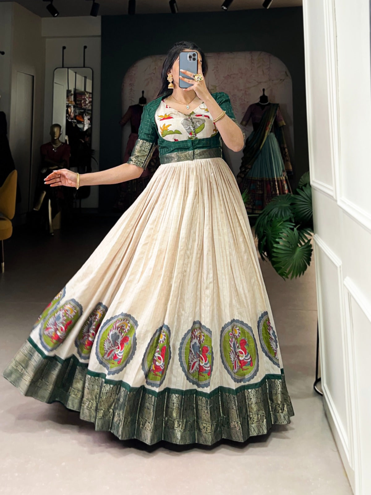 Kalamkari Print Dola Silk Gown with Zari Weaving Koti