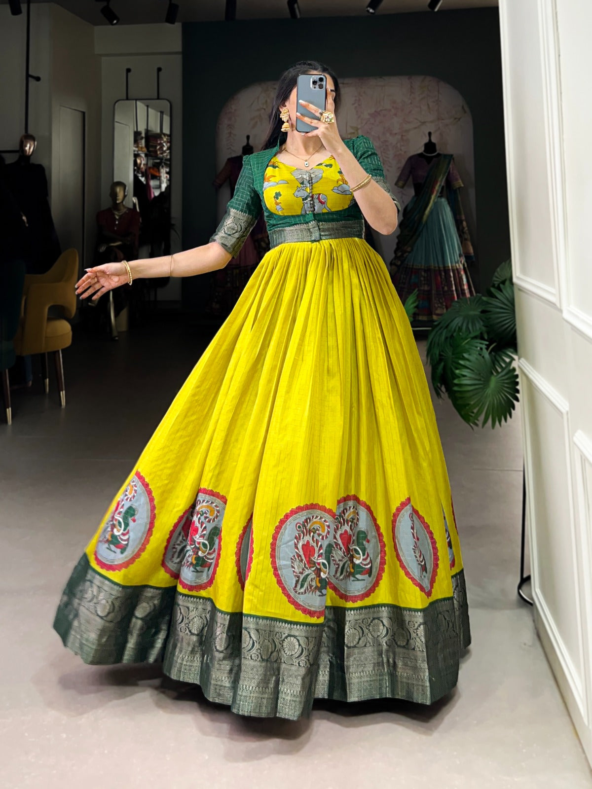 Kalamkari Print Dola Silk Gown with Zari Weaving Koti