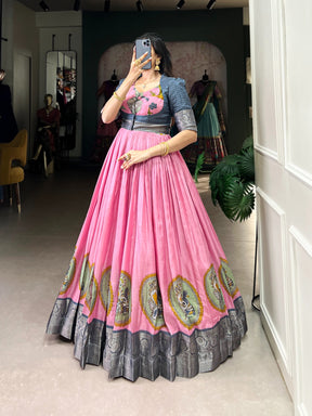 Kalamkari Print Dola Silk Gown with Zari Weaving Koti