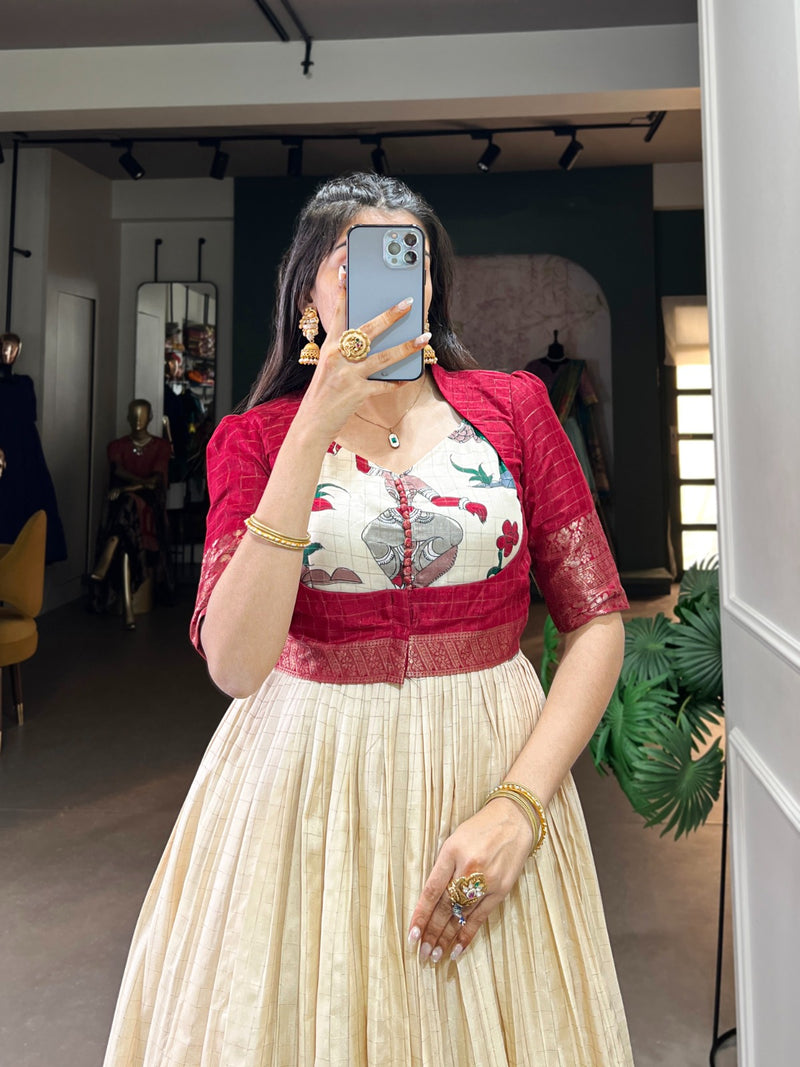 Kalamkari Print Dola Silk Gown with Zari Weaving Koti