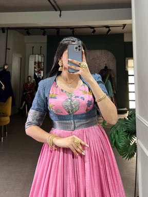 Kalamkari Print Dola Silk Gown with Zari Weaving Koti