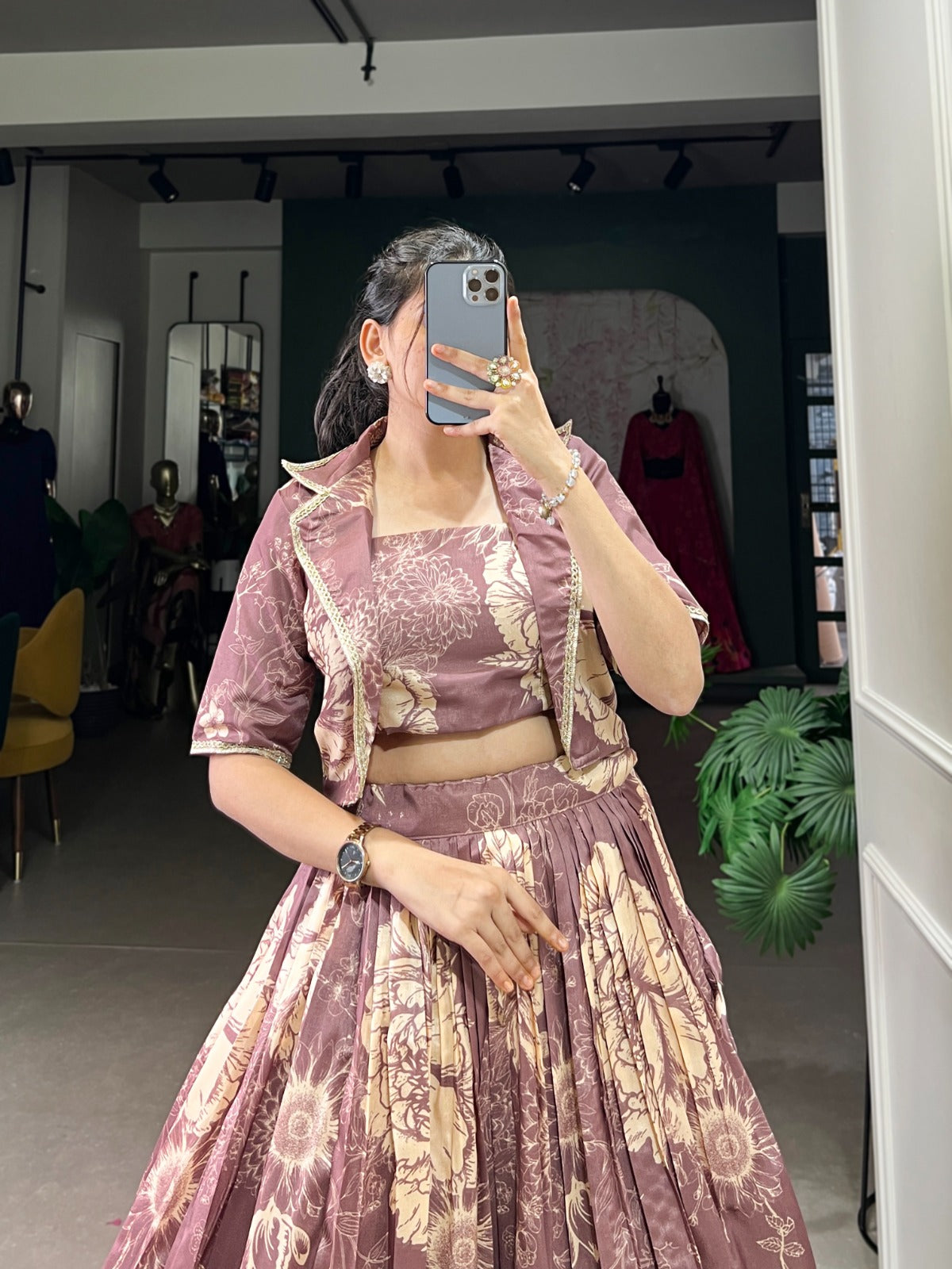 Tussar Silk Lehenga Choli with Floral Prints