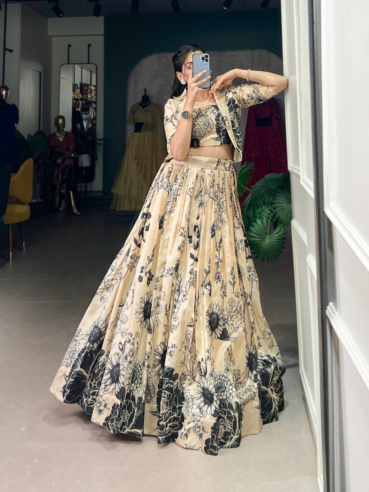 Tussar Silk Lehenga Choli with Floral Prints